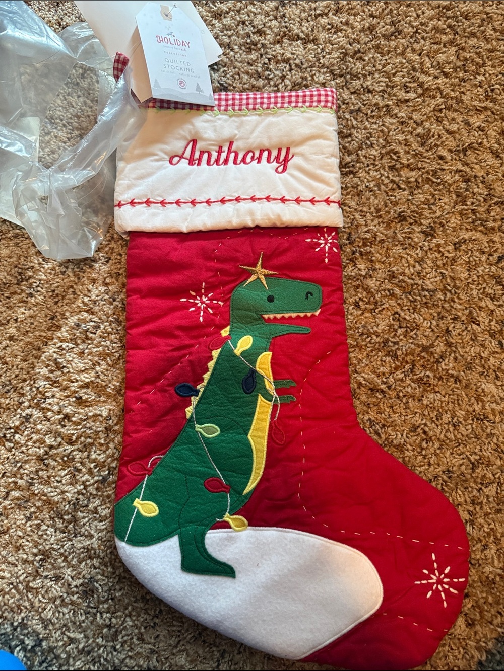 Personalized Pottery Barn Kids Red Dinosaur Kids Christmas Stocking - Anthony